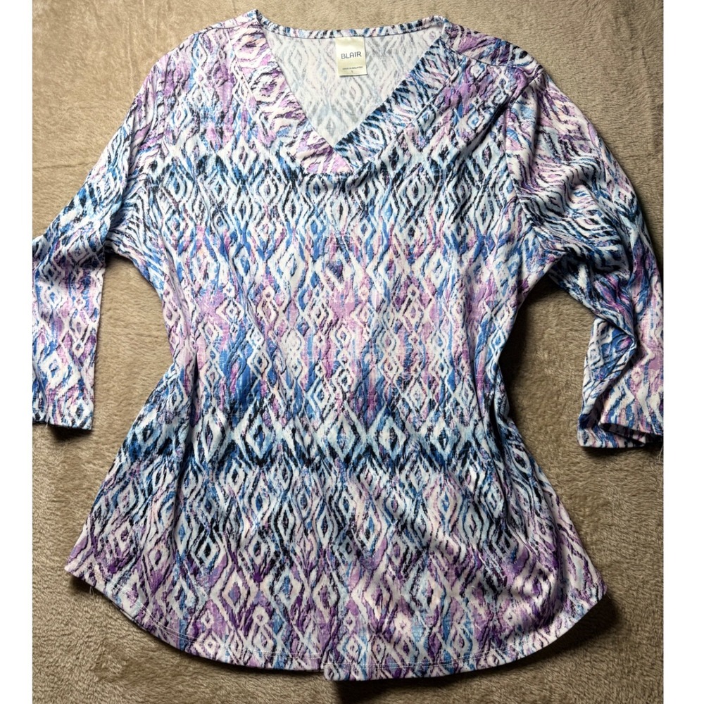 Blair Womens Purple Blue Geometric Ikat V-Neck Top Large Lightweight Summer
